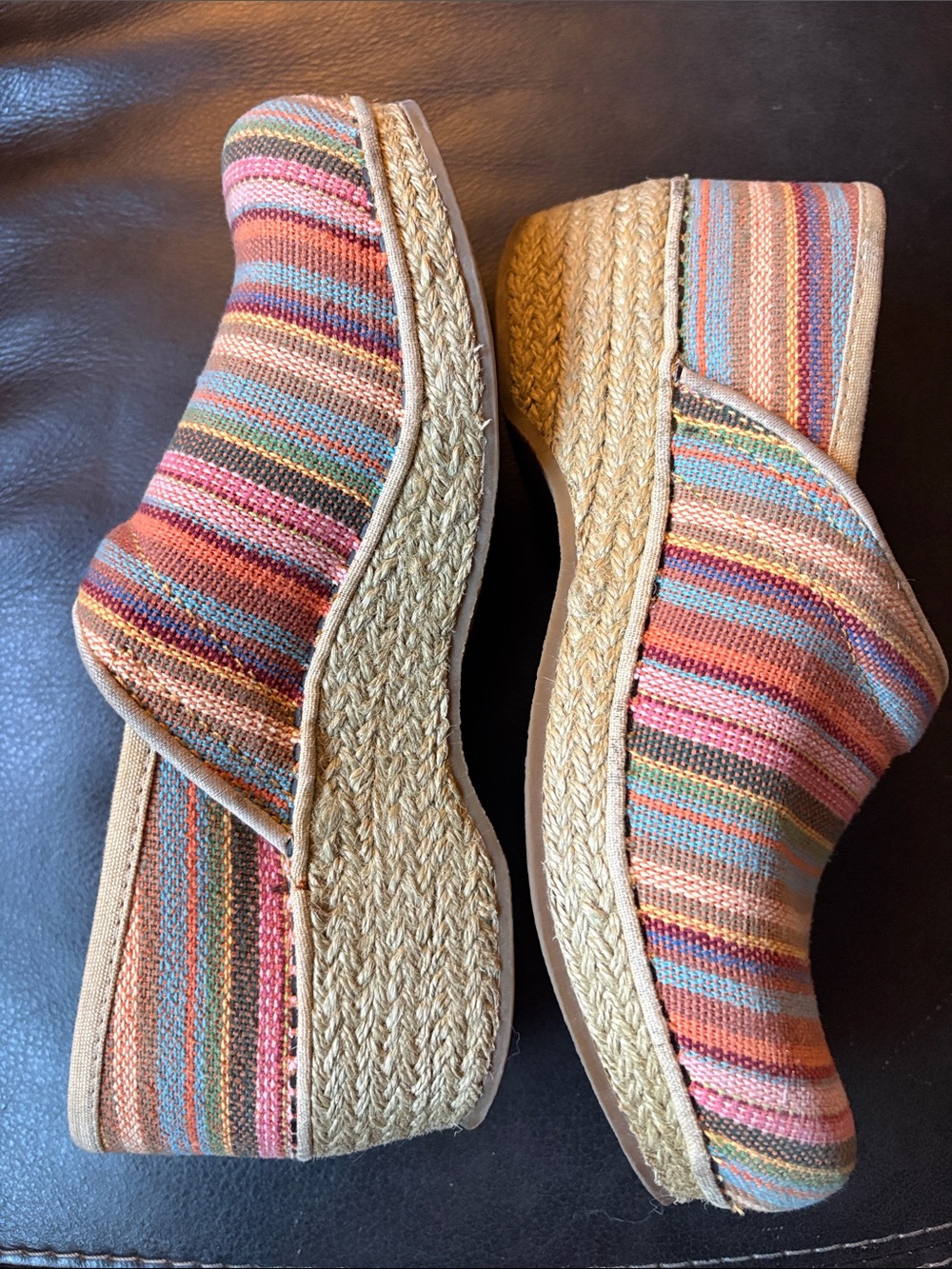 Dansko vegan Pink Orange Blue Striped Slip-Ons espadrille clogs